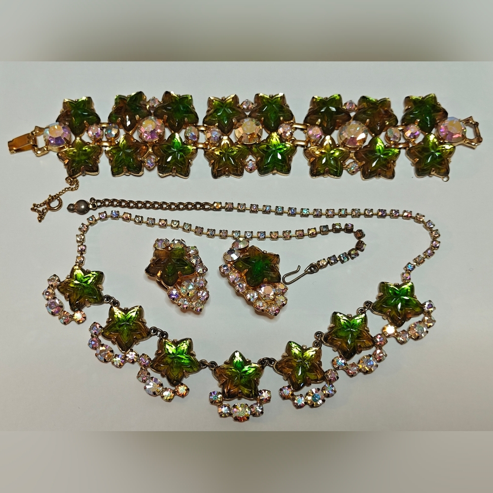 RARE Signed Pierre Green Lucite & Crystals Bracelet & Earrings Set